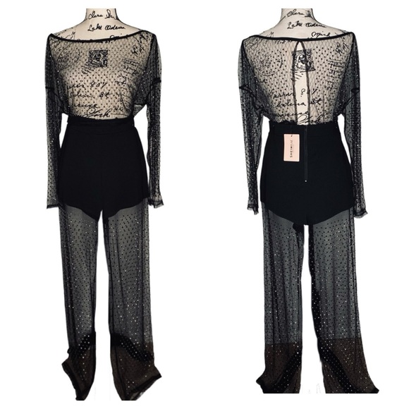 SHEIN - NWT Rhinestone Detail Contrast Mesh Flare Leg Pants - Large - Picture 5 of 16